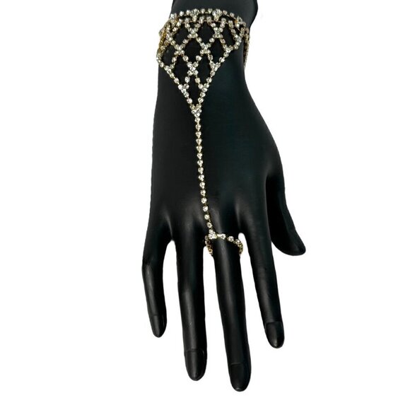 New Gold Chain Mesh Bracelet With Connecting Ring With Rhinestones For Women - Picture 2 of 10
